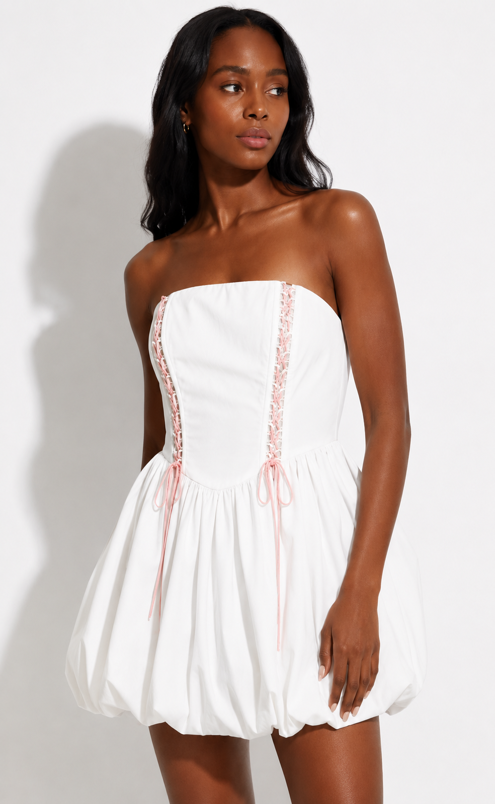 Blush Lace Bubble Hem Mini Dress – White Strapless Corset Dress for Wo