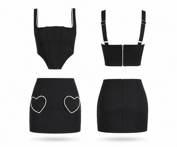 Women’s Black Corset Crop Top & Heart Pocket Mini Skirt Set