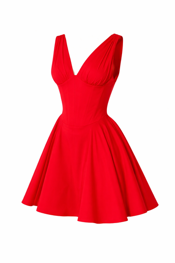 Scarlet Corset Fit & Flare Mini Dress – Structured V-Neck A-Line Party Dress