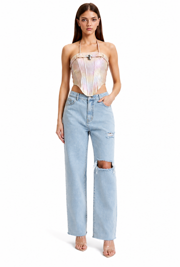 Iridescent Metallic Corset Halter Top | Women’s Pearl Pink Going Out Top