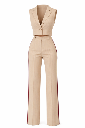 Beige Pinstripe Two-Piece Suit Set – Tailored Cropped Vest & High-Waisted Wide Leg Pants