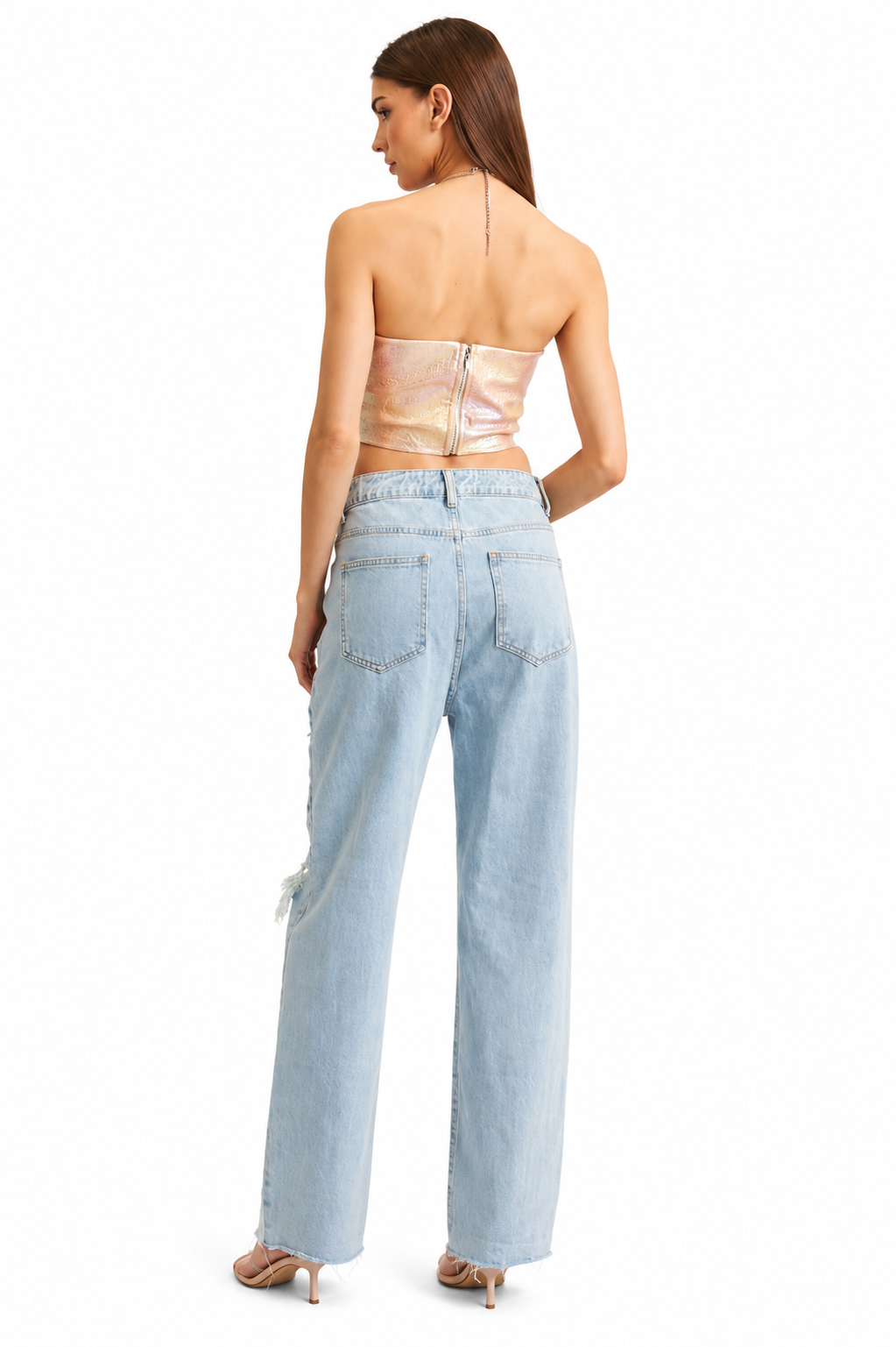 Iridescent Metallic Corset Halter Top | Women’s Pearl Pink Going Out Top