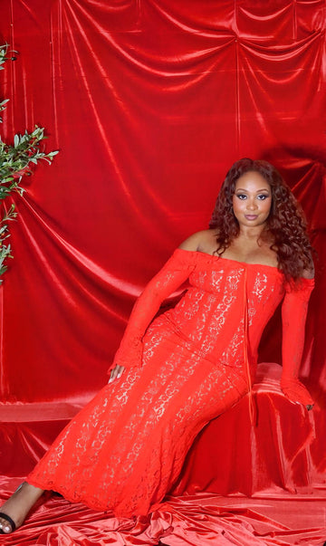 Red Off-Shoulder Lace Maxi Dress for Women – Long Sleeve Corset Style Evening Gown