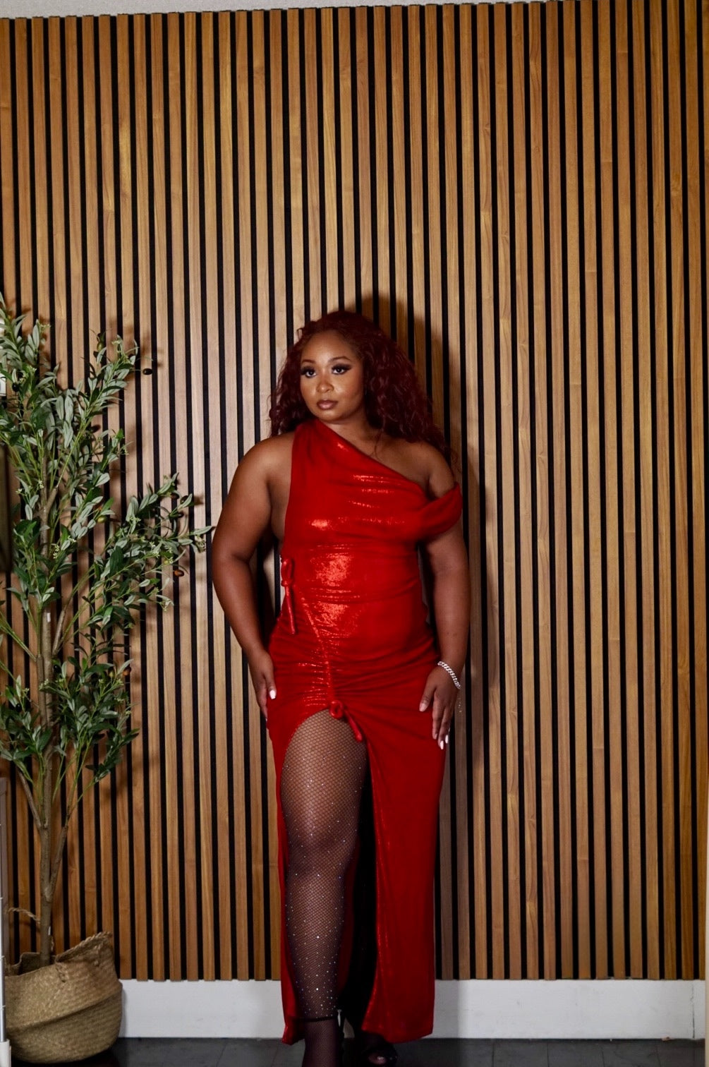 Crimson Radiance Metallic One-Shoulder Gown