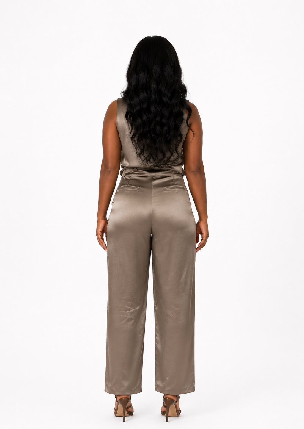 Elegant Satin Two Piece Pant Set – Sage Draped Top & Wide Leg Trousers
