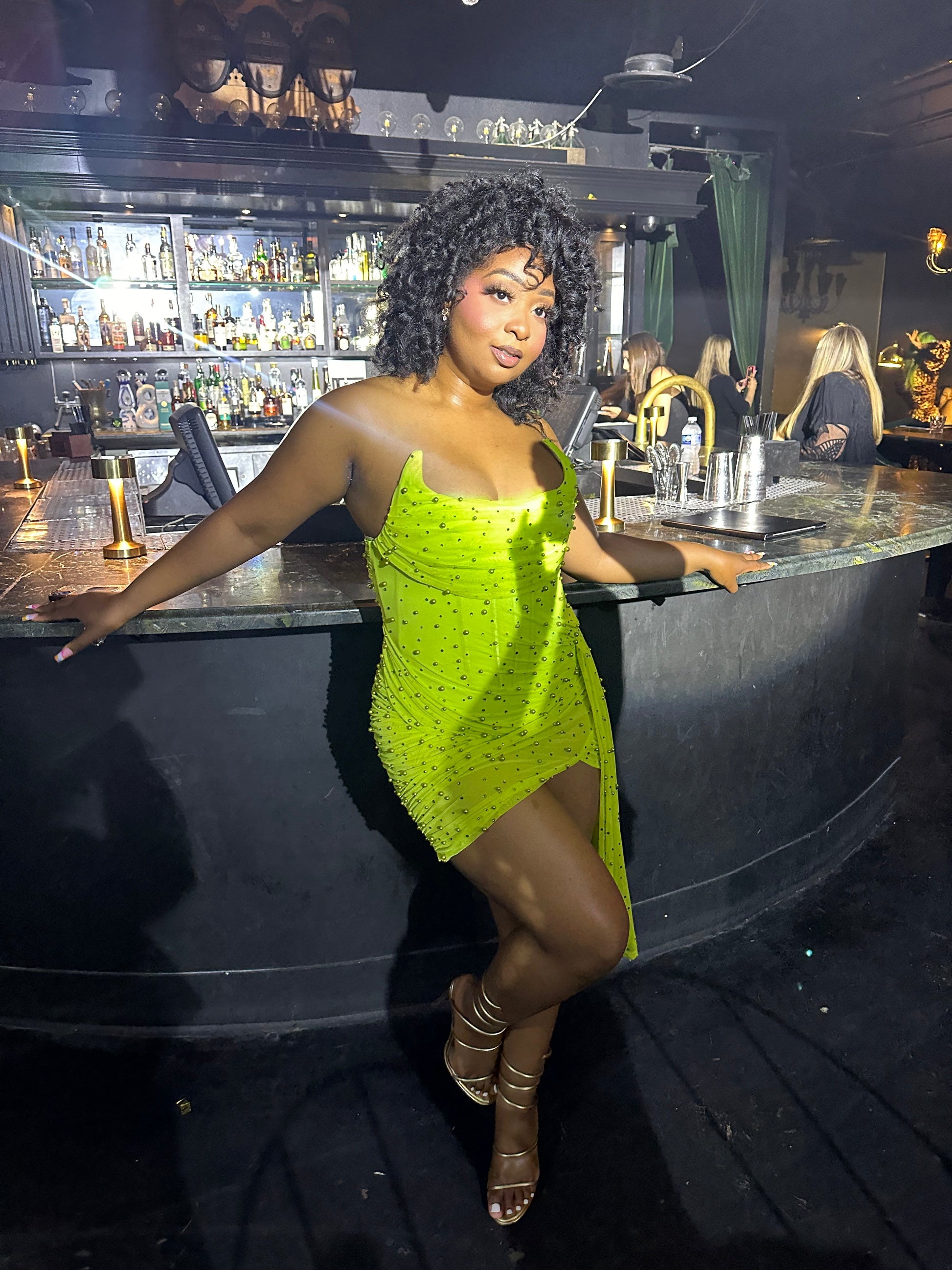 Lime Green Rhinestone Ruched Bodycon Mini Dress – Luxury Party & Birth