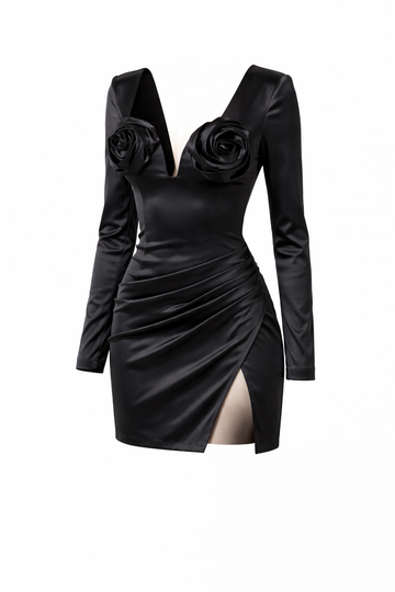 Black 3D Rose Deep V Mini Dress – Long Sleeve Satin Bodycon Party Dress