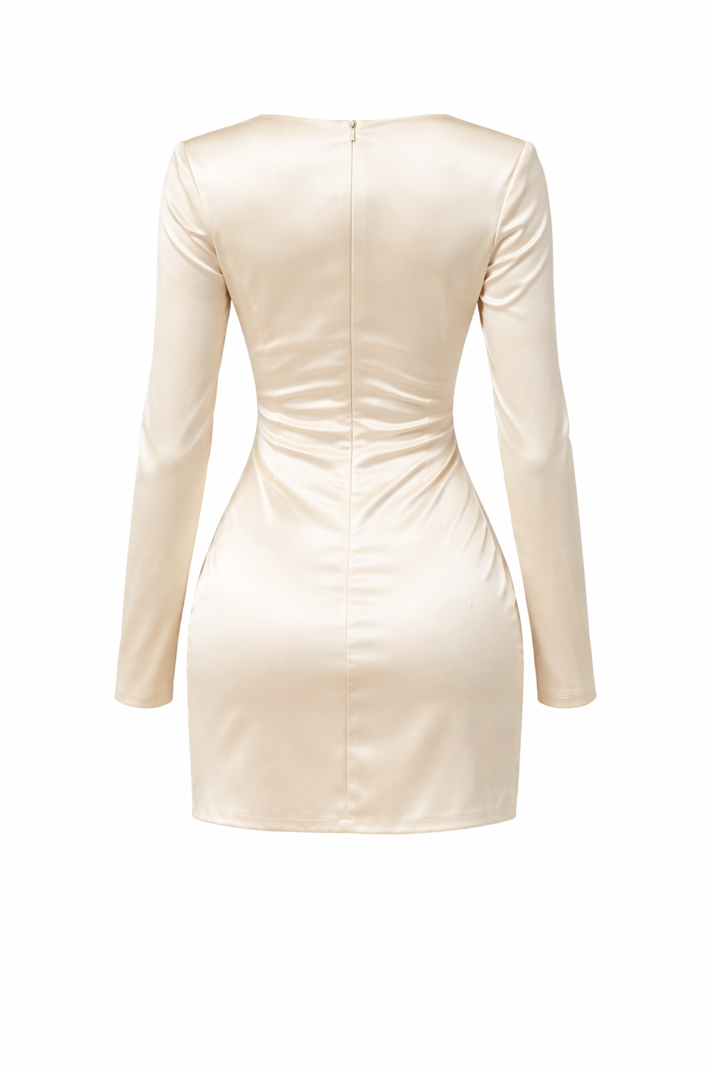 Champagne 3D Rose Deep V Mini Dress – Long Sleeve Satin Bodycon Cocktail Dress