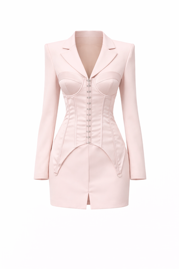 Blush Corset Blazer Mini Dress – Structured Long Sleeve Tailored Bodycon Dress