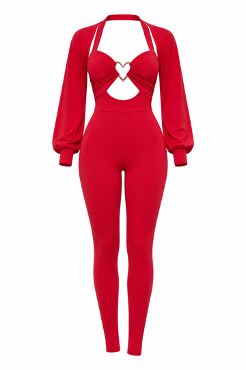 Gold Heart Detail Skinny Jumpsuit & Crop Bolero Set – Red Bodycon Two Piece Outfit