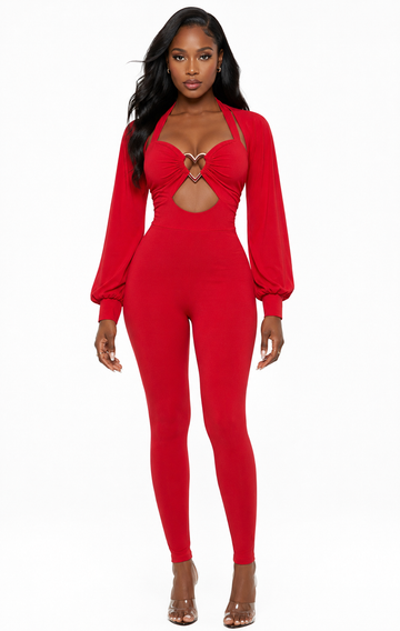 Gold Heart Detail Skinny Jumpsuit & Crop Bolero Set – Red Bodycon Two Piece Outfit