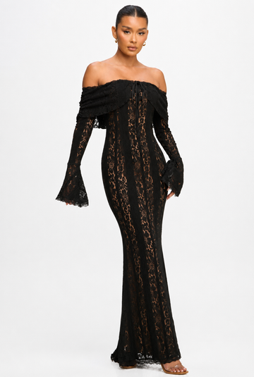 Black Off-Shoulder Lace Maxi Dress – Elegant Long Sleeve Evening Gown for Women