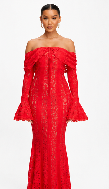 Red Off-Shoulder Lace Maxi Dress for Women – Long Sleeve Corset Style Evening Gown