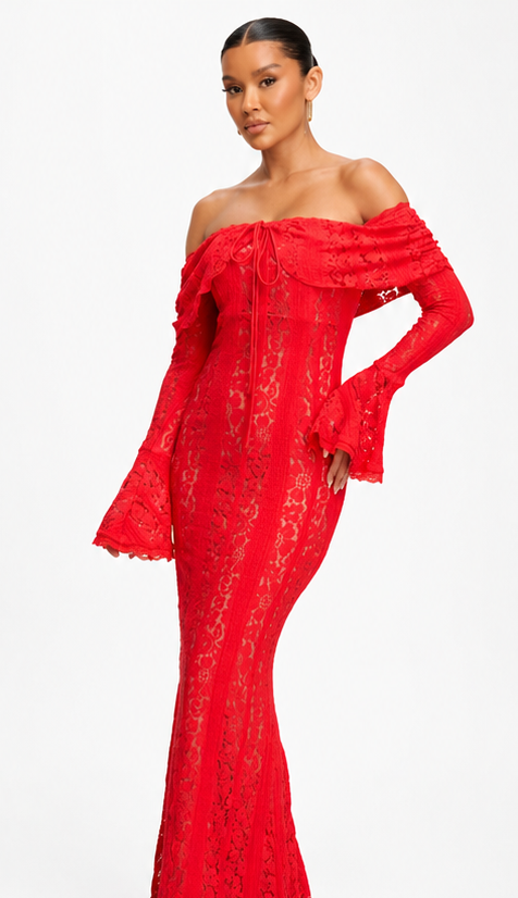 Red Off-Shoulder Lace Maxi Dress for Women – Long Sleeve Corset Style Evening Gown
