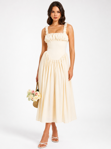 Ivory Ruffle Strap Maxi Dress – Elegant Cottagecore Summer Dress for Women