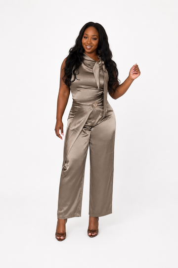 Elegant Satin Two Piece Pant Set – Sage Draped Top & Wide Leg Trousers