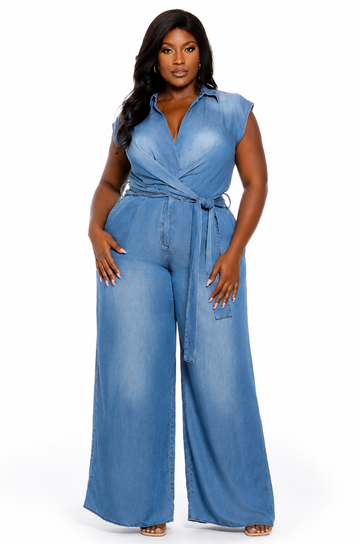 Chic Light Wash Denim Wide Leg Jumpsuit with Wrap Tie Waist