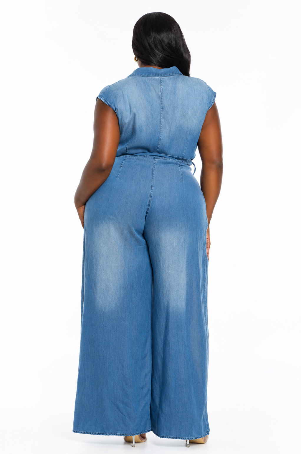 Chic Light Wash Denim Wide Leg Jumpsuit with Wrap Tie Waist